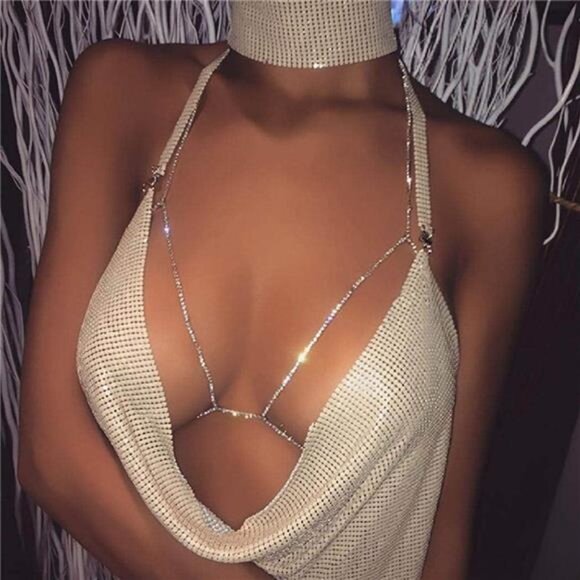 💎 Crystal Rhinestone Body Chain | Silver-Tone Bra Chain Jewelry - Picture 2 of 5